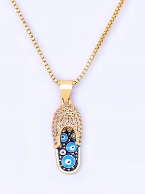 CZ Blue Evil Eye Mini Flip Flop Gold Plated Pendant Chain Link  Necklace Jewelry